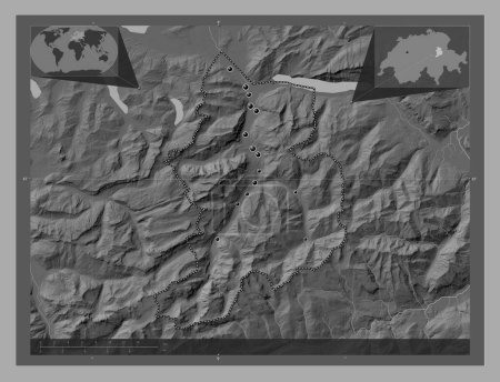 Téléchargez les photos : Glarus, canton of Switzerland. Bilevel elevation map with lakes and rivers. Locations of major cities of the region. Corner auxiliary location maps - en image libre de droit