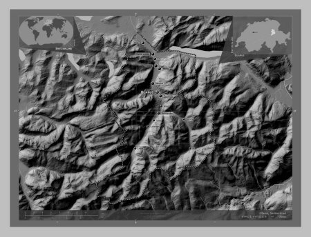 Téléchargez les photos : Glarus, canton de Suisse. Carte d'altitude en niveaux de gris avec lacs et rivières. Emplacements et noms des grandes villes de la région. Corner cartes de localisation auxiliaires - en image libre de droit