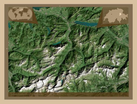 Téléchargez les photos : Glarus, canton de Suisse. Carte satellite basse résolution. Corner cartes de localisation auxiliaires - en image libre de droit