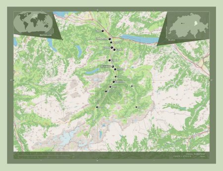 Foto de Glarus, canton of Switzerland. Open Street Map. Locations and names of major cities of the region. Corner auxiliary location maps - Imagen libre de derechos