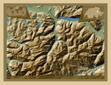 Foto de Glarus, cantón de Suiza. Mapa de elevación de colores con lagos y ríos. Mapas de ubicación auxiliares de esquina - Imagen libre de derechos