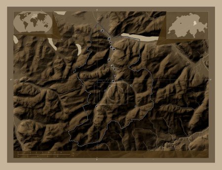 Téléchargez les photos : Glarus, canton of Switzerland. Elevation map colored in sepia tones with lakes and rivers. Locations of major cities of the region. Corner auxiliary location maps - en image libre de droit