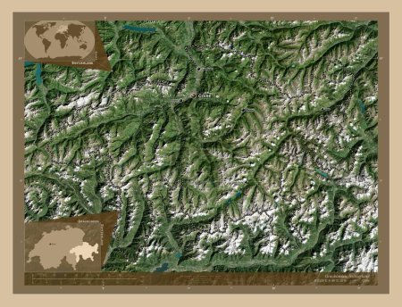Foto de Graubunden, canton of Switzerland. Low resolution satellite map. Locations and names of major cities of the region. Corner auxiliary location maps - Imagen libre de derechos
