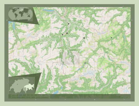 Foto de Graubunden, canton of Switzerland. Open Street Map. Locations of major cities of the region. Corner auxiliary location maps - Imagen libre de derechos