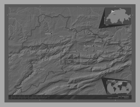 Foto de Jura, cantón de Suiza. Mapa de elevación de Bilevel con lagos y ríos. Ubicaciones y nombres de las principales ciudades de la región. Mapas de ubicación auxiliares de esquina - Imagen libre de derechos
