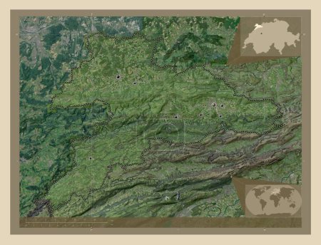 Téléchargez les photos : Jura, canton of Switzerland. High resolution satellite map. Locations of major cities of the region. Corner auxiliary location maps - en image libre de droit