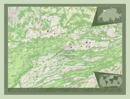 Téléchargez les photos : Jura, canton of Switzerland. Open Street Map. Locations of major cities of the region. Corner auxiliary location maps - en image libre de droit