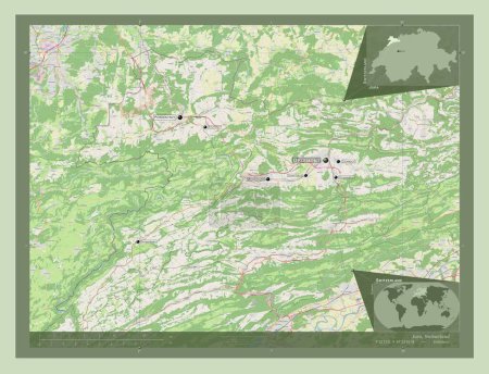 Téléchargez les photos : Jura, canton de Suisse. Ouvrir la carte routière. Emplacements et noms des grandes villes de la région. Corner cartes de localisation auxiliaires - en image libre de droit