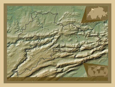 Téléchargez les photos : Jura, canton de Suisse. Carte d'altitude colorée avec lacs et rivières. Emplacements des grandes villes de la région. Corner cartes de localisation auxiliaires - en image libre de droit