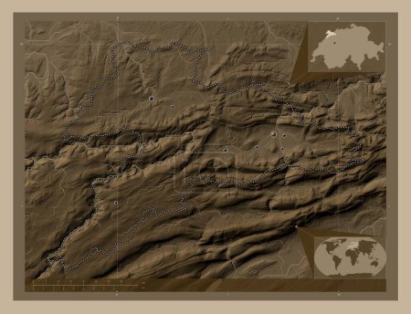 Téléchargez les photos : Jura, canton of Switzerland. Elevation map colored in sepia tones with lakes and rivers. Locations of major cities of the region. Corner auxiliary location maps - en image libre de droit