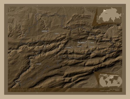 Téléchargez les photos : Jura, canton of Switzerland. Elevation map colored in sepia tones with lakes and rivers. Locations and names of major cities of the region. Corner auxiliary location maps - en image libre de droit