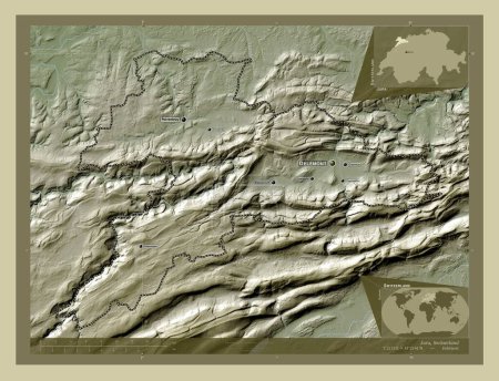 Téléchargez les photos : Jura, canton of Switzerland. Elevation map colored in wiki style with lakes and rivers. Locations and names of major cities of the region. Corner auxiliary location maps - en image libre de droit