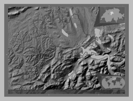 Photo for Luzern, canton of Switzerland. Grayscale elevation map with lakes and rivers. Locations of major cities of the region. Corner auxiliary location maps - Royalty Free Image