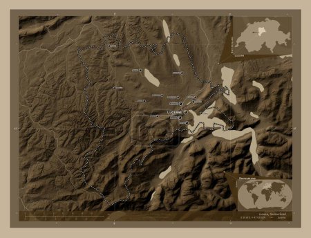 Foto de Luzern, canton of Switzerland. Elevation map colored in sepia tones with lakes and rivers. Locations and names of major cities of the region. Corner auxiliary location maps - Imagen libre de derechos
