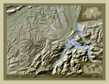 Photo for Luzern, canton of Switzerland. Elevation map colored in wiki style with lakes and rivers. Corner auxiliary location maps - Royalty Free Image