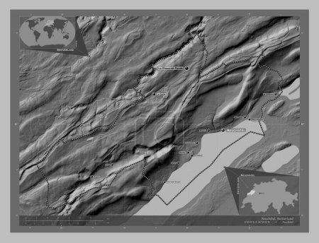 Téléchargez les photos : Neuchâtel, canton de Suisse. Carte d'altitude en niveaux de gris avec lacs et rivières. Emplacements et noms des grandes villes de la région. Corner cartes de localisation auxiliaires - en image libre de droit