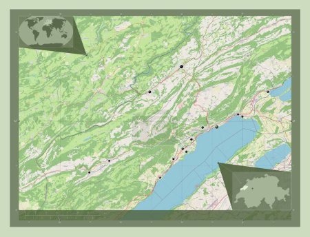 Foto de Neuchatel, canton of Switzerland. Open Street Map. Locations of major cities of the region. Corner auxiliary location maps - Imagen libre de derechos