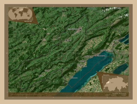 Photo for Neuchatel, canton of Switzerland. Low resolution satellite map. Locations and names of major cities of the region. Corner auxiliary location maps - Royalty Free Image