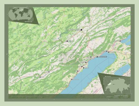 Foto de Neuchatel, canton of Switzerland. Open Street Map. Locations and names of major cities of the region. Corner auxiliary location maps - Imagen libre de derechos