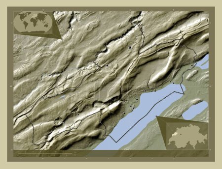 Téléchargez les photos : Neuchatel, canton of Switzerland. Elevation map colored in wiki style with lakes and rivers. Locations of major cities of the region. Corner auxiliary location maps - en image libre de droit