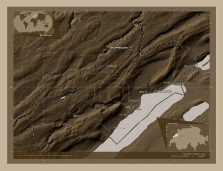 Photo for Neuchatel, canton of Switzerland. Elevation map colored in sepia tones with lakes and rivers. Locations and names of major cities of the region. Corner auxiliary location maps - Royalty Free Image