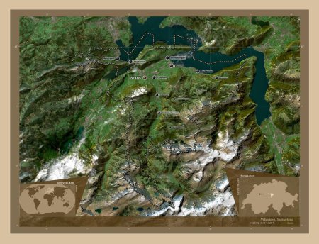 Foto de Nidwalden, canton of Switzerland. Low resolution satellite map. Locations and names of major cities of the region. Corner auxiliary location maps - Imagen libre de derechos
