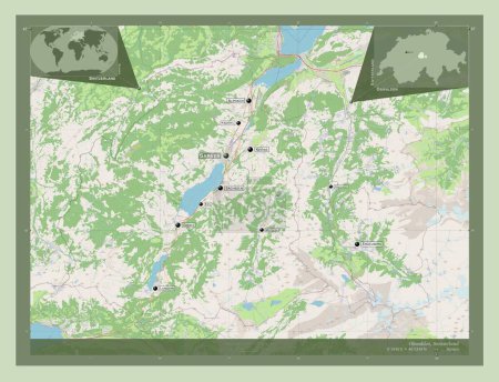 Téléchargez les photos : Obwalden, canton of Switzerland. Open Street Map. Locations and names of major cities of the region. Corner auxiliary location maps - en image libre de droit