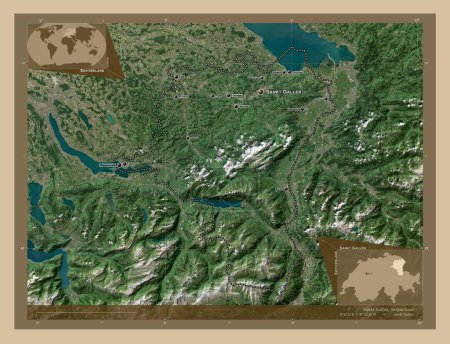 Photo for Sankt Gallen, canton of Switzerland. Low resolution satellite map. Locations and names of major cities of the region. Corner auxiliary location maps - Royalty Free Image