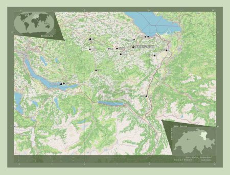 Foto de Sankt Gallen, canton of Switzerland. Open Street Map. Locations and names of major cities of the region. Corner auxiliary location maps - Imagen libre de derechos