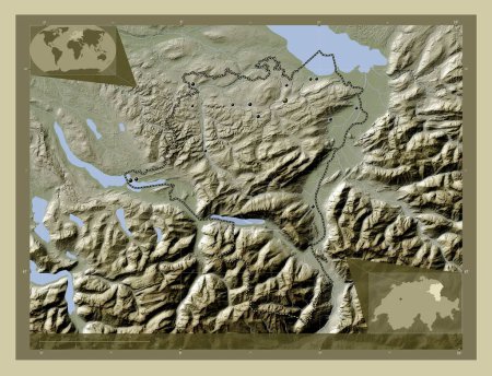 Photo for Sankt Gallen, canton of Switzerland. Elevation map colored in wiki style with lakes and rivers. Locations of major cities of the region. Corner auxiliary location maps - Royalty Free Image