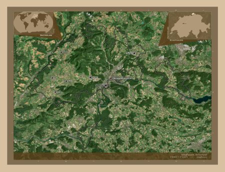 Foto de Schaffhausen, canton of Switzerland. Low resolution satellite map. Locations and names of major cities of the region. Corner auxiliary location maps - Imagen libre de derechos