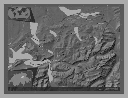 Foto de Schwyz, canton of Switzerland. Bilevel elevation map with lakes and rivers. Locations and names of major cities of the region. Corner auxiliary location maps - Imagen libre de derechos