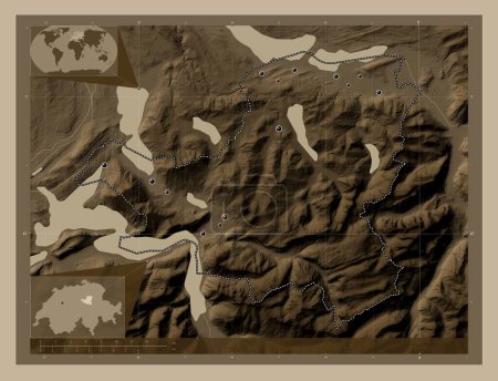 Téléchargez les photos : Schwyz, canton of Switzerland. Elevation map colored in sepia tones with lakes and rivers. Locations of major cities of the region. Corner auxiliary location maps - en image libre de droit