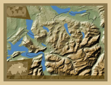 Photo for Schwyz, canton of Switzerland. Colored elevation map with lakes and rivers. Corner auxiliary location maps - Royalty Free Image