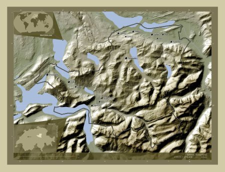 Téléchargez les photos : Schwyz, canton of Switzerland. Elevation map colored in wiki style with lakes and rivers. Locations and names of major cities of the region. Corner auxiliary location maps - en image libre de droit