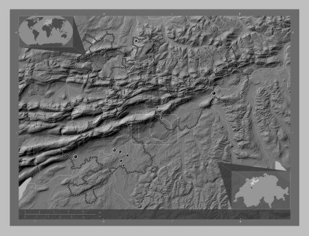 Photo for Solothurn, canton of Switzerland. Grayscale elevation map with lakes and rivers. Locations of major cities of the region. Corner auxiliary location maps - Royalty Free Image