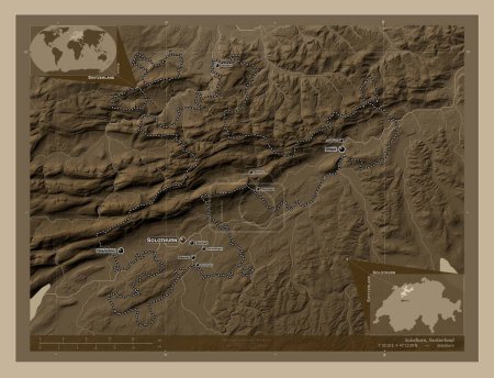 Foto de Solothurn, canton of Switzerland. Elevation map colored in sepia tones with lakes and rivers. Locations and names of major cities of the region. Corner auxiliary location maps - Imagen libre de derechos