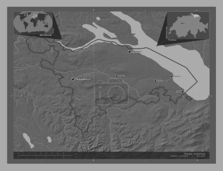 Foto de Thurgau, cantón de Suiza. Mapa de elevación de Bilevel con lagos y ríos. Ubicaciones y nombres de las principales ciudades de la región. Mapas de ubicación auxiliares de esquina - Imagen libre de derechos