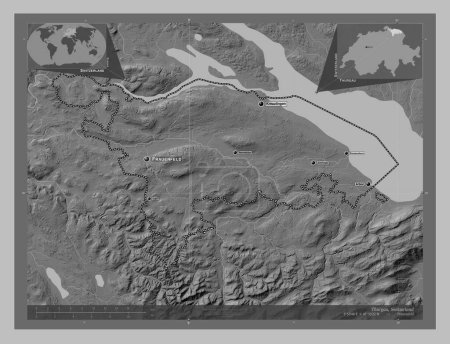 Foto de Thurgau, cantón de Suiza. Mapa de elevación a escala de grises con lagos y ríos. Ubicaciones y nombres de las principales ciudades de la región. Mapas de ubicación auxiliares de esquina - Imagen libre de derechos