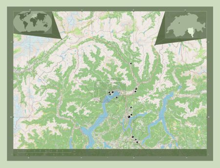 Téléchargez les photos : Ticino, canton of Switzerland. Open Street Map. Locations of major cities of the region. Corner auxiliary location maps - en image libre de droit