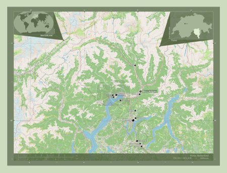 Téléchargez les photos : Ticino, canton of Switzerland. Open Street Map. Locations and names of major cities of the region. Corner auxiliary location maps - en image libre de droit