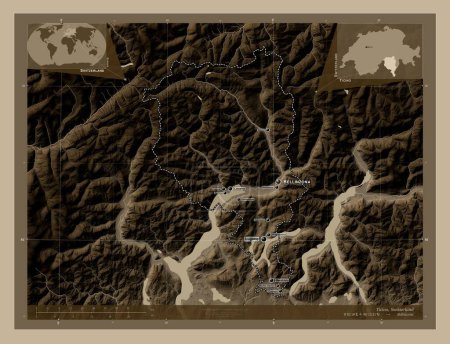 Photo for Ticino, canton of Switzerland. Elevation map colored in sepia tones with lakes and rivers. Locations and names of major cities of the region. Corner auxiliary location maps - Royalty Free Image