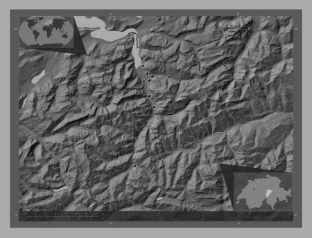 Foto de Uri, cantón de Suiza. Mapa de elevación de Bilevel con lagos y ríos. Ubicaciones de las principales ciudades de la región. Mapas de ubicación auxiliares de esquina - Imagen libre de derechos