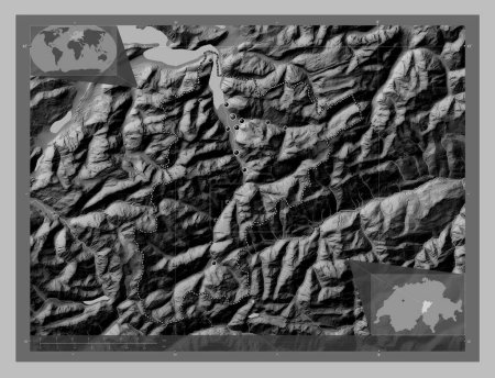 Foto de Uri, canton of Switzerland. Grayscale elevation map with lakes and rivers. Locations of major cities of the region. Corner auxiliary location maps - Imagen libre de derechos
