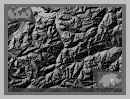 Photo for Uri, canton of Switzerland. Grayscale elevation map with lakes and rivers. Corner auxiliary location maps - Royalty Free Image