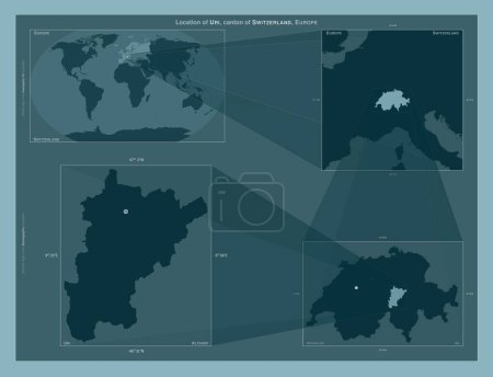 Photo for Uri, canton of Switzerland. Diagram showing the location of the region on larger-scale maps. Composition of vector frames and PNG shapes on a solid background - Royalty Free Image