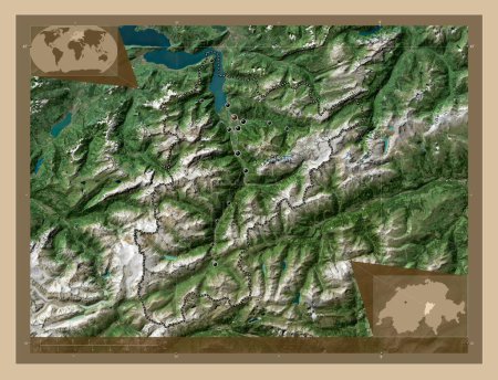 Foto de Uri, cantón de Suiza. Mapa satelital de baja resolución. Ubicaciones de las principales ciudades de la región. Mapas de ubicación auxiliares de esquina - Imagen libre de derechos
