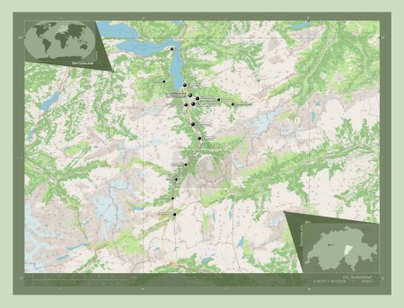 Foto de Uri, cantón de Suiza. Open Street Map. Ubicaciones y nombres de las principales ciudades de la región. Mapas de ubicación auxiliares de esquina - Imagen libre de derechos