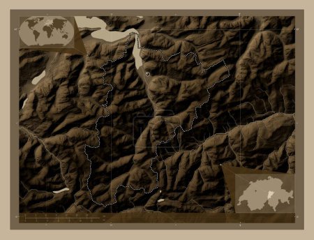 Photo for Uri, canton of Switzerland. Elevation map colored in sepia tones with lakes and rivers. Corner auxiliary location maps - Royalty Free Image