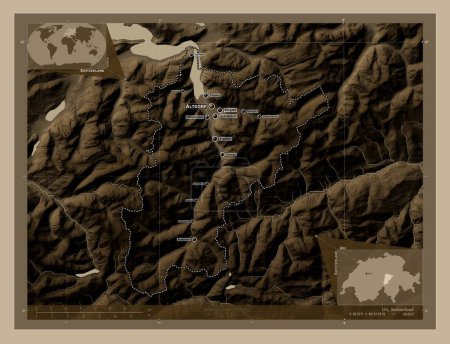 Foto de Uri, canton of Switzerland. Elevation map colored in sepia tones with lakes and rivers. Locations and names of major cities of the region. Corner auxiliary location maps - Imagen libre de derechos